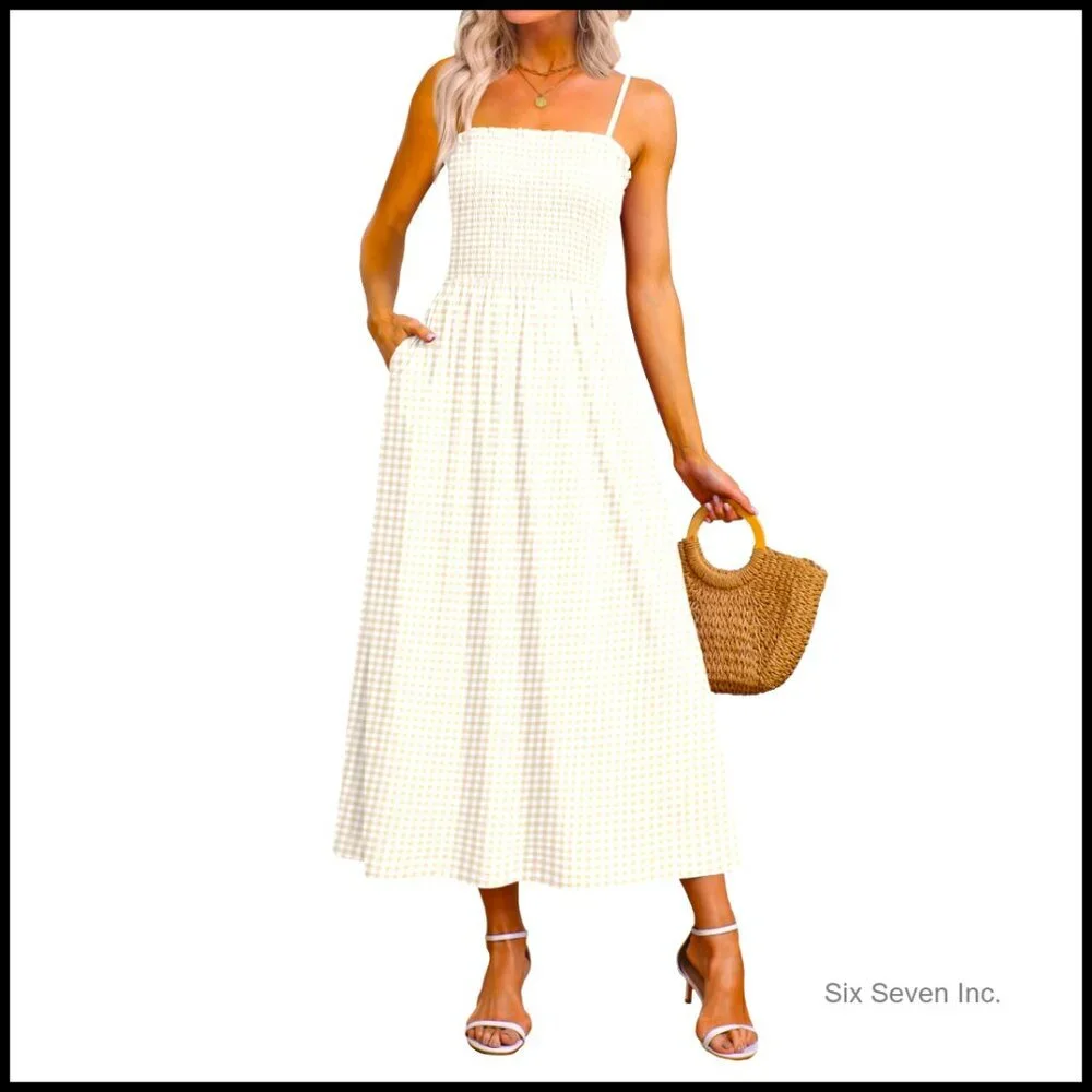 Spaghetti Strap Maxi Dress Smocked Boho Beach Casual Summer Flowy Sundress - Picture 1 of 7